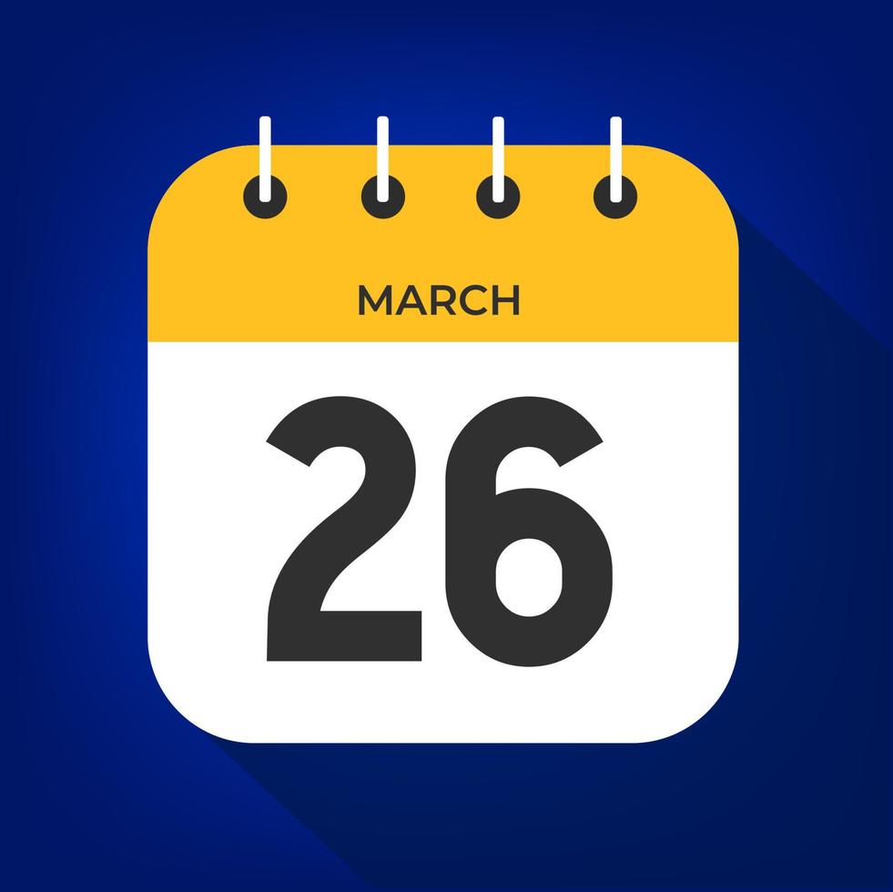 maart dag 26. aantal zesentwintig Aan een wit papier met geel kleur grens Aan een blauw achtergrond vector. vector
