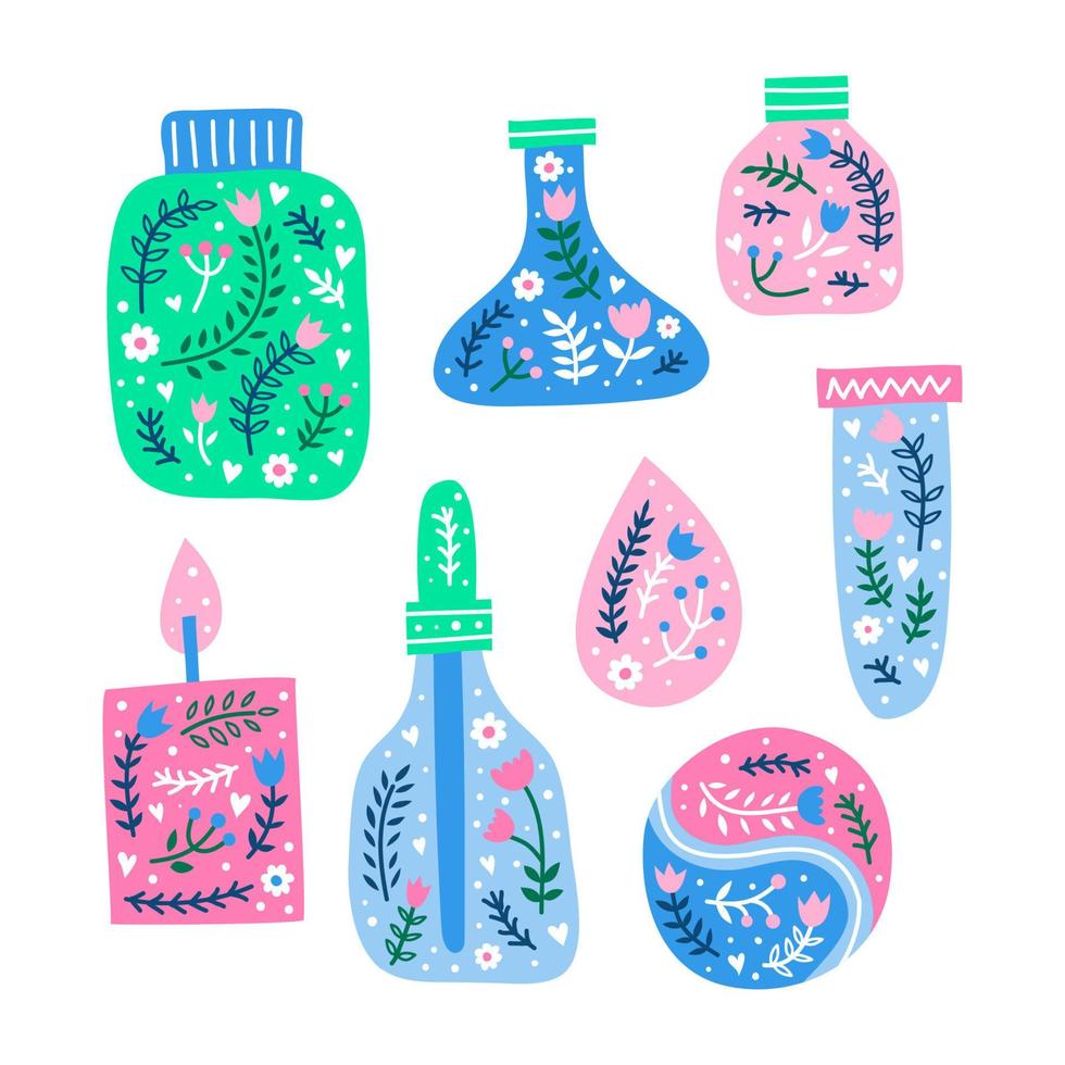 Scandinavisch medisch items met bloemen ornamenten. vector