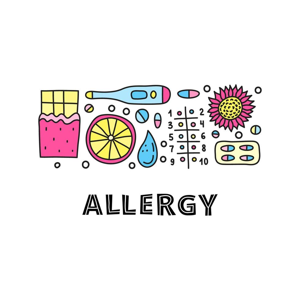 belettering en groep van tekening gekleurde allergie pictogrammen. vector