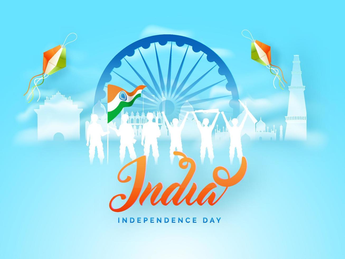 silhouet van soldaten vieren Indisch onafhankelijkheid dag in voorkant van wiel voor poster of banier ontwerp. vector