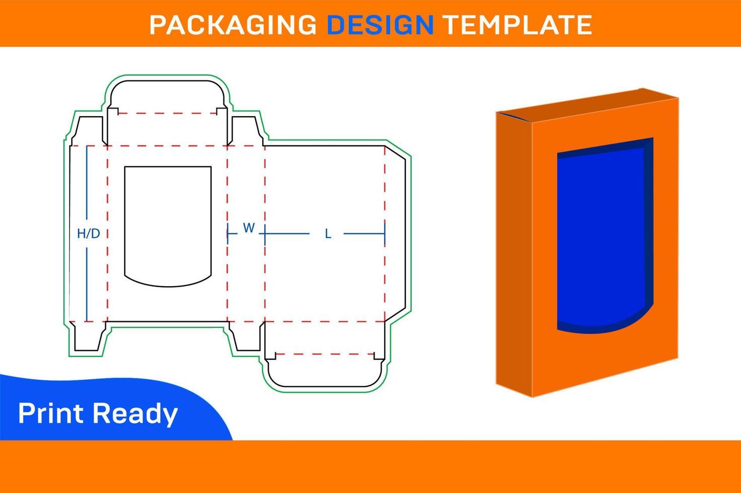 plooi einde doos met transparant venster doos dieline sjabloon en 3d doos vector