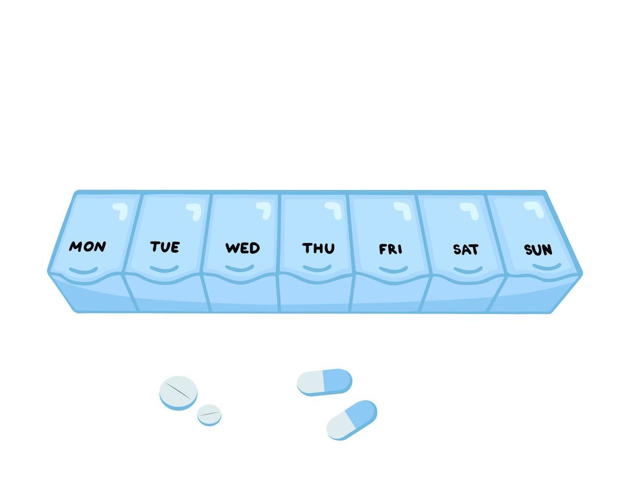 blauw pil doos, transparant plastic organisatoren voor elke dag voor tablets en capsules. helpen met drug planning. illustratie voor afdrukken, achtergrond en verpakking. geïsoleerd Aan wit achtergrond. vector