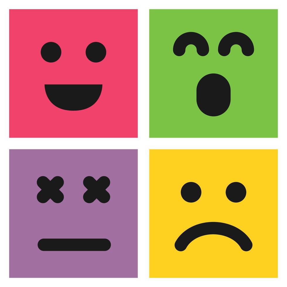 reeks van vier kleurrijk emoticons met smiley, verrast en ontevreden gezichten. emoji icoon in vierkant. vlak achtergrond patroon. vector illustratie