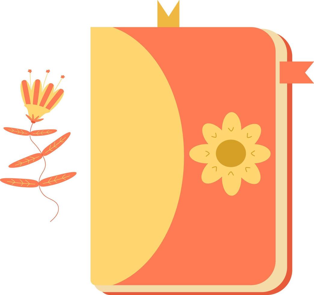 helder oranje notitieboekje met een madeliefje afdrukken in een samenstelling met een bloem vector