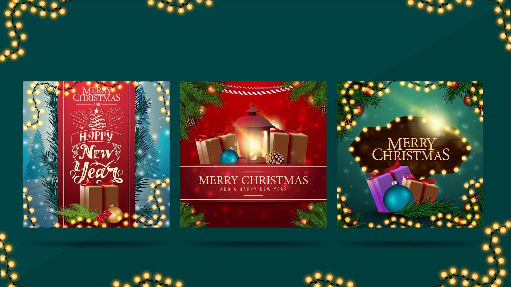 prettige kerstdagen en een gelukkig nieuwjaar, groet vierkante ansichtkaarten met kerstcadeaus, slingers, frame van kerstboomtakken en mooie letters vector
