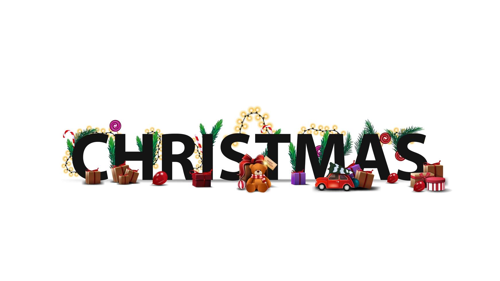 kerst logo, teken, symbool. 3D-titel versierd met cadeautjes, kerstboomtakken, snoepjes en slingers op wit wordt geïsoleerd vector