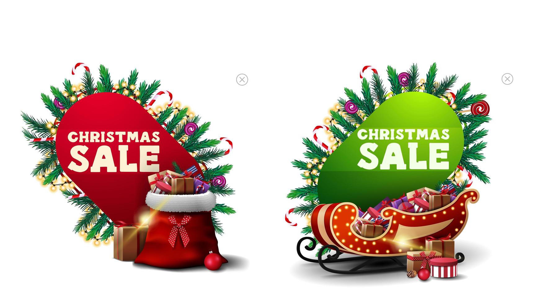 kerstuitverkoop, rode en groene kortingsbanners in abstracte vormen versierd met kerstelementen, santaslee en santatas vector