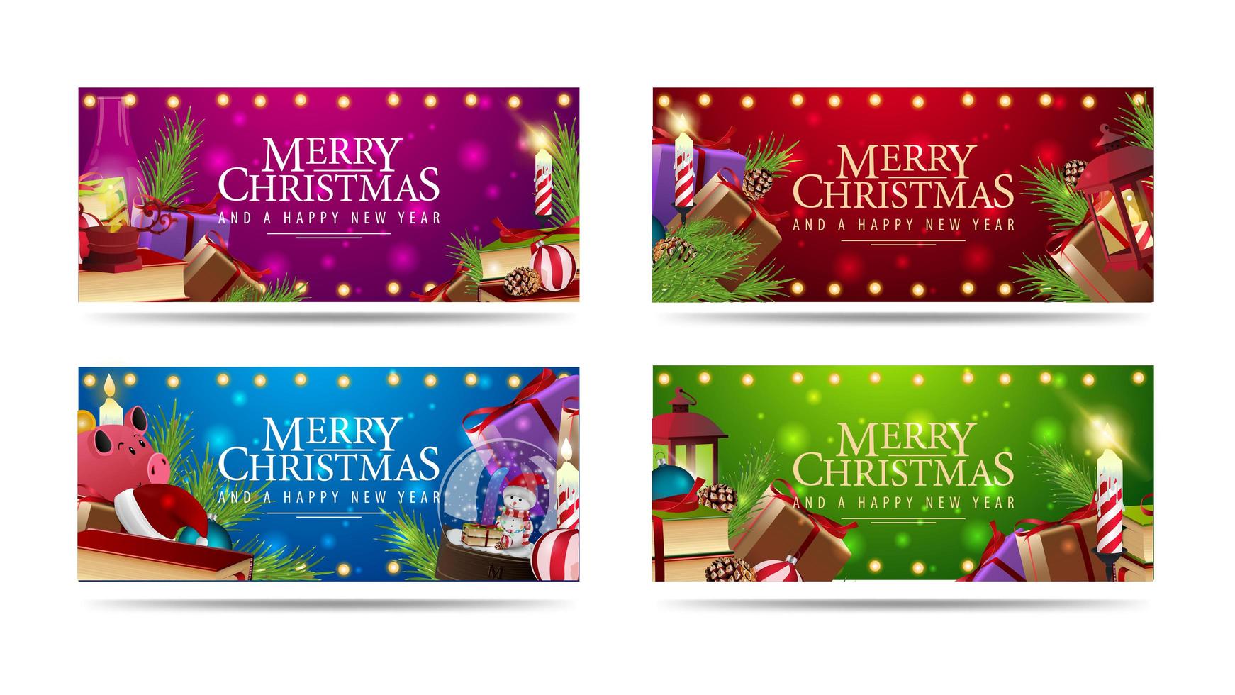 set van kerst horizontale groet banners versierd met stapels kerstcadeautjes vector