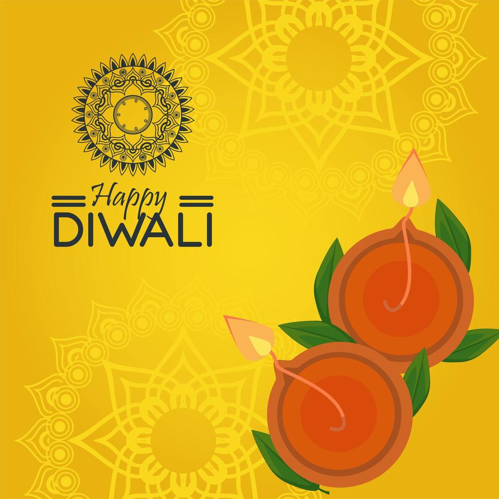gelukkige diwali-viering met twee kaarsen op gele achtergrond vector