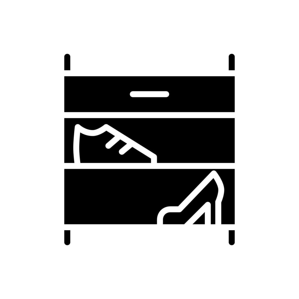 schoen rek zwart glyph icoon. schoenen opslagruimte organisator. modern hedendaags huis meubilair op te slaan. rekken, kastje. silhouet symbool Aan wit ruimte. solide pictogram. vector geïsoleerd illustratie