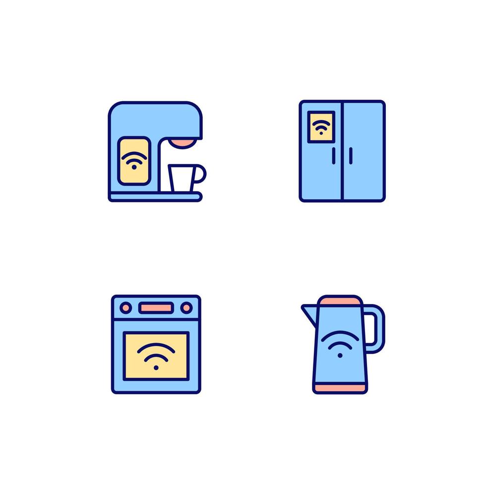 slim keuken huishoudelijke apparaten pixel perfect rgb kleur pictogrammen set. apparaten voor Koken. slim huis technologie. geïsoleerd vector illustraties. gemakkelijk gevulde lijn tekeningen verzameling. bewerkbare beroerte