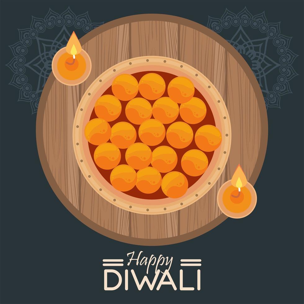 gelukkige diwali-viering met twee kaarsen in houten cirkelvormig frame vector