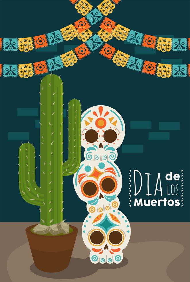 dia de los muertos poster met hoofden schedels en cactus vector