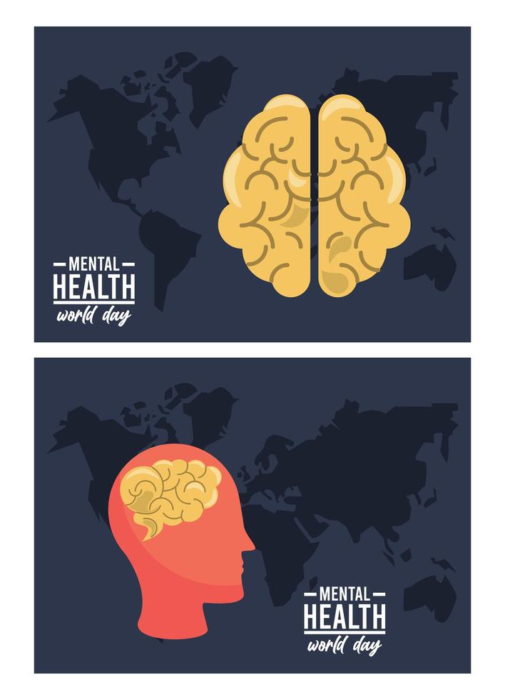 Werelddag voor geestelijke gezondheid campagne met hersenprofiel en kaarten van de aarde vector