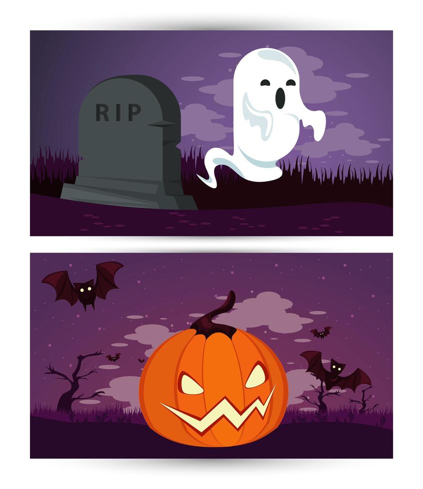 gelukkige halloween-vieringskaart met spook en pompoen op begraafplaats vector