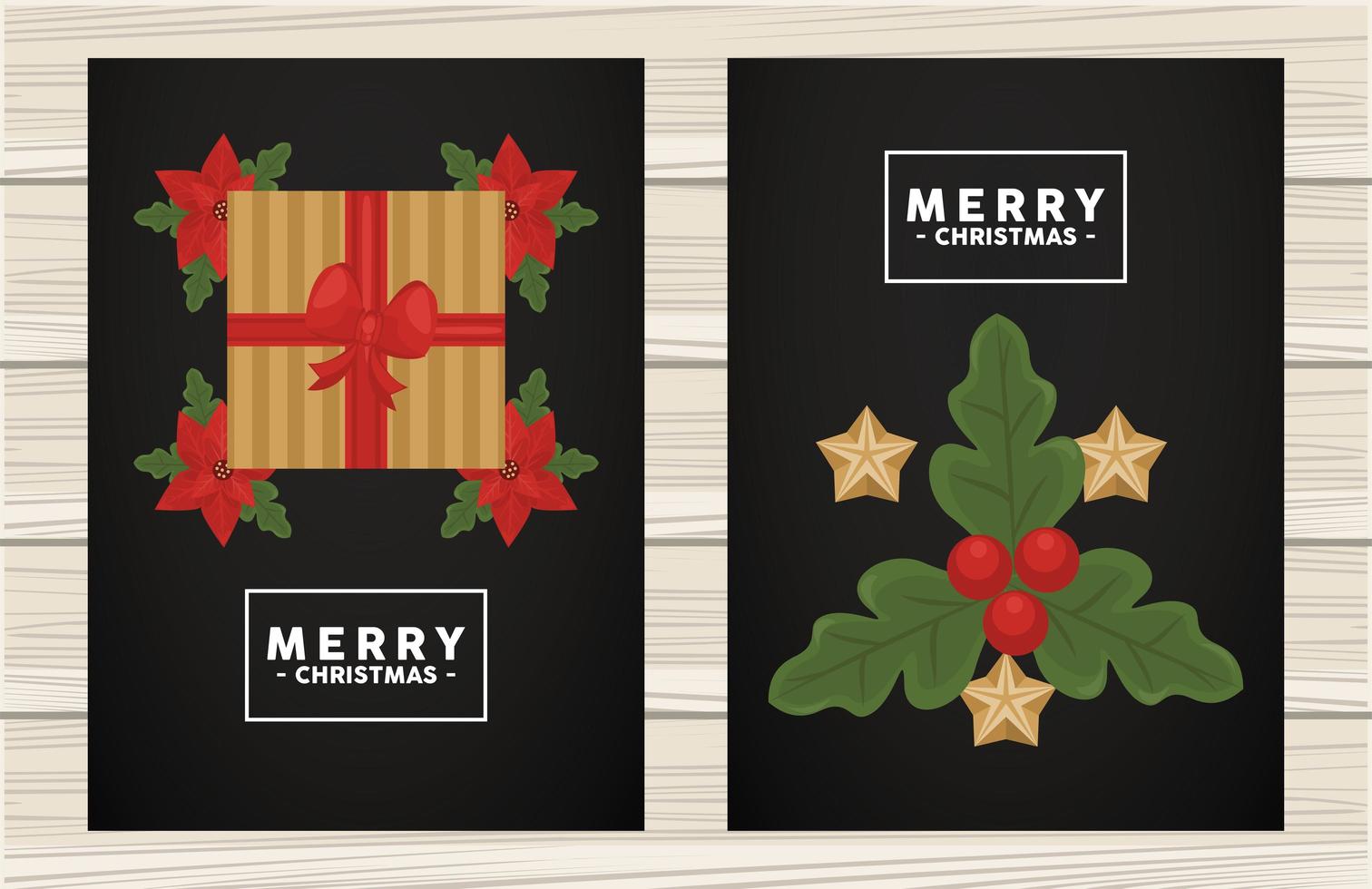 vrolijk kerstfeest belettering in vierkant frame met cadeau en bladeren vector