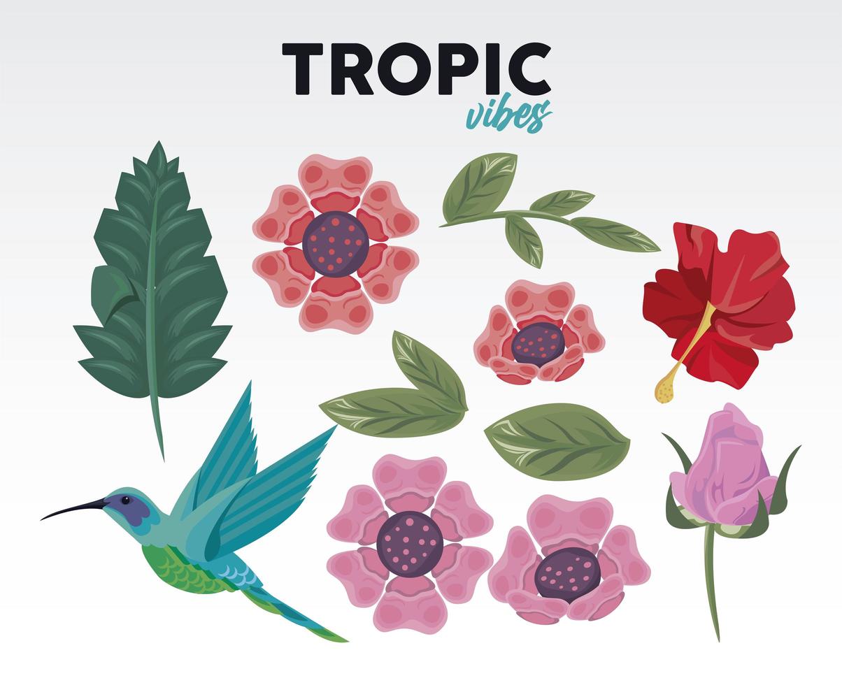 tropic vibes-citaat met bloemen en vogels vector
