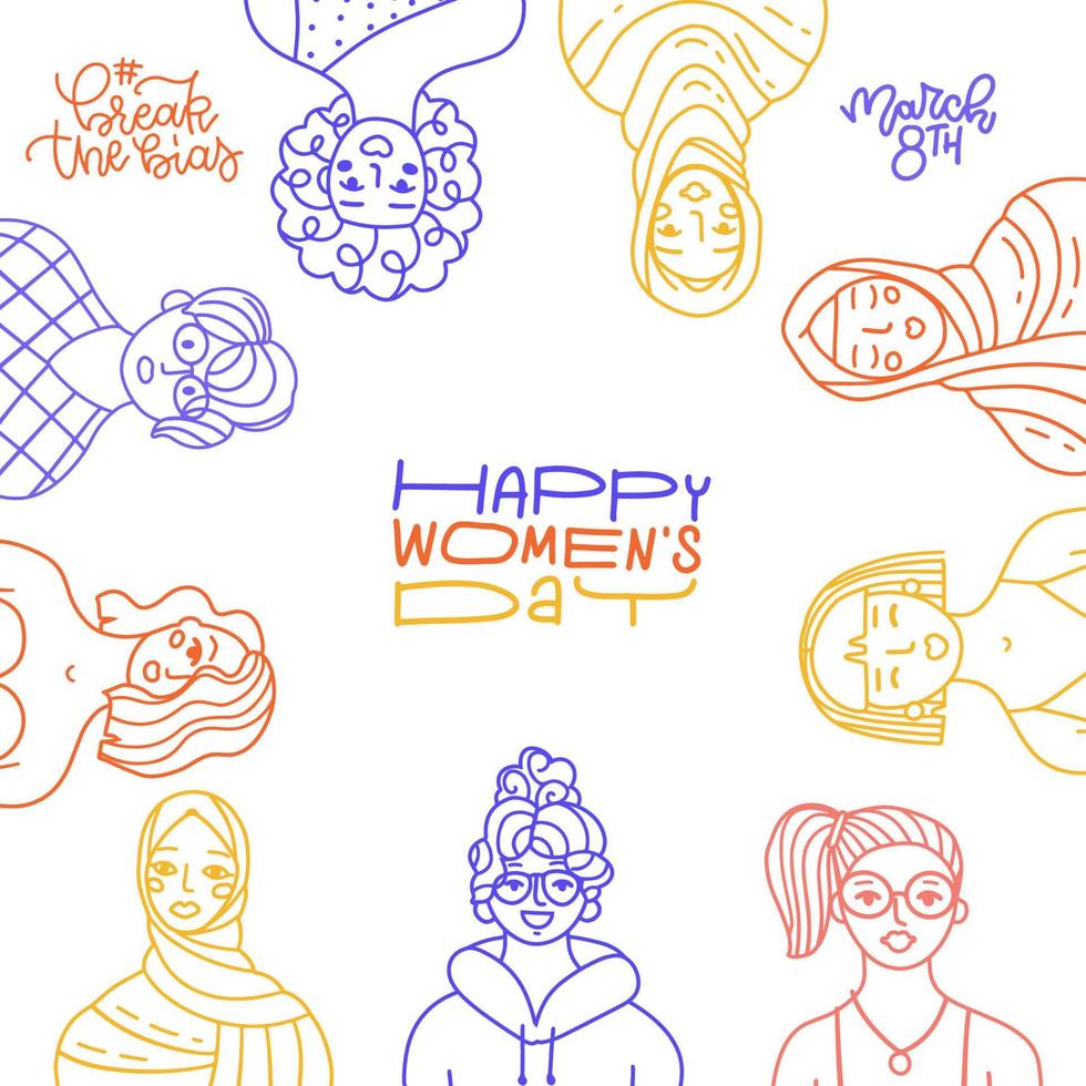 mars 8e - Internationale vrouwen dag groet kaart. abstract verschillend Dames portretten in lineair stijl . Dames empowerment concept. vector monoline tekening hand- getrokken illustratie met belettering tekst