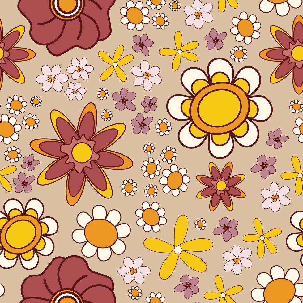 vector naadloos patroon met bloemen Aan biege achtergrond. groovy retro stijl. textiel of papier afdrukken, sjabloon, behang, achtergrond