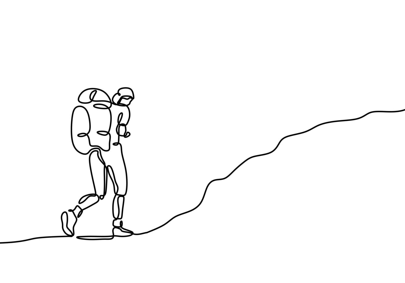 een lijntekening van doorlopend ontwerp van reiziger. persoon doet wandelen op berg buiten vector