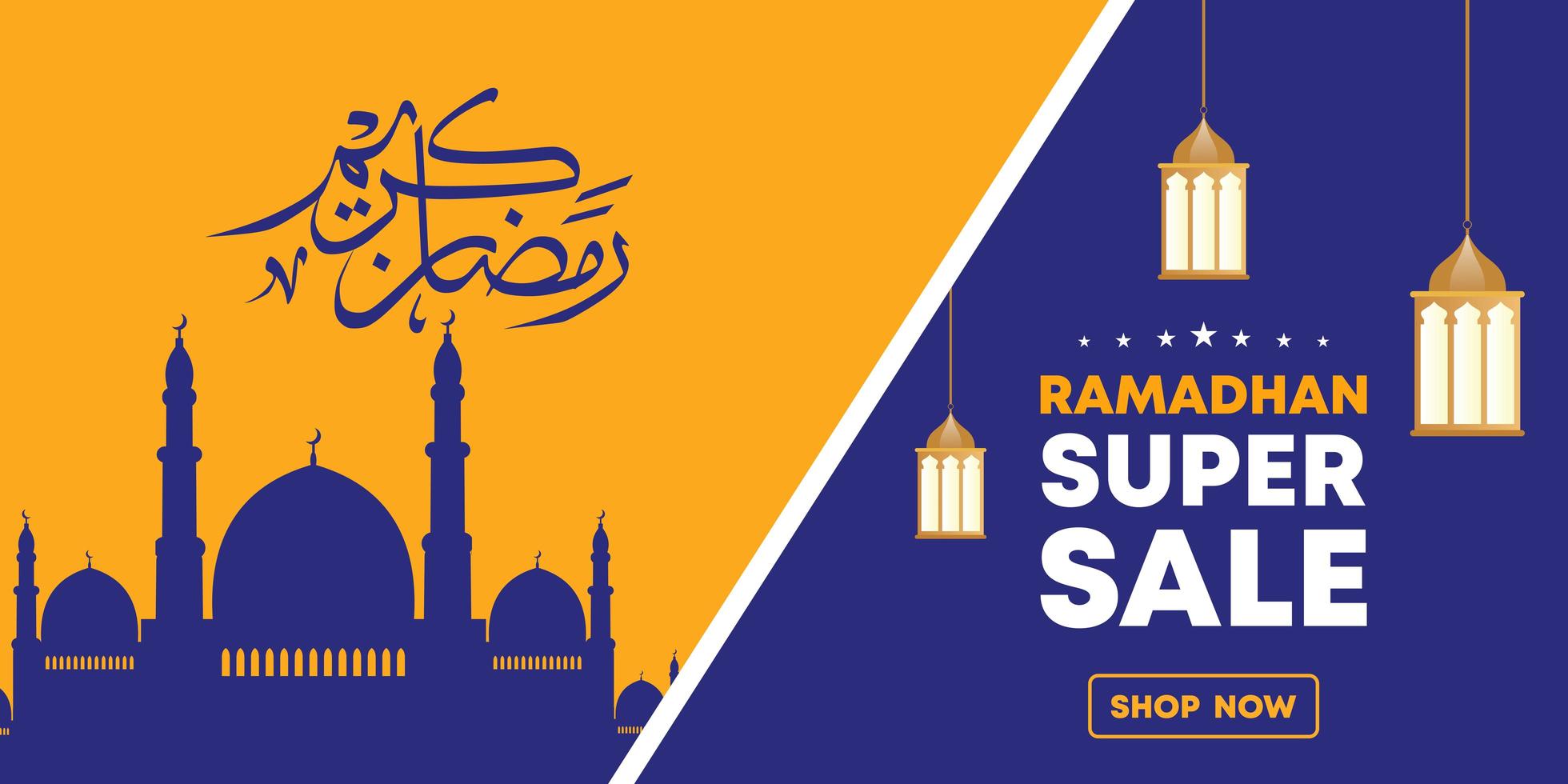 ramadan verkoop websjabloon voor spandoek. figuur moskee silhouet en Arabische kalligrafie betekent heilige ramadan. vector