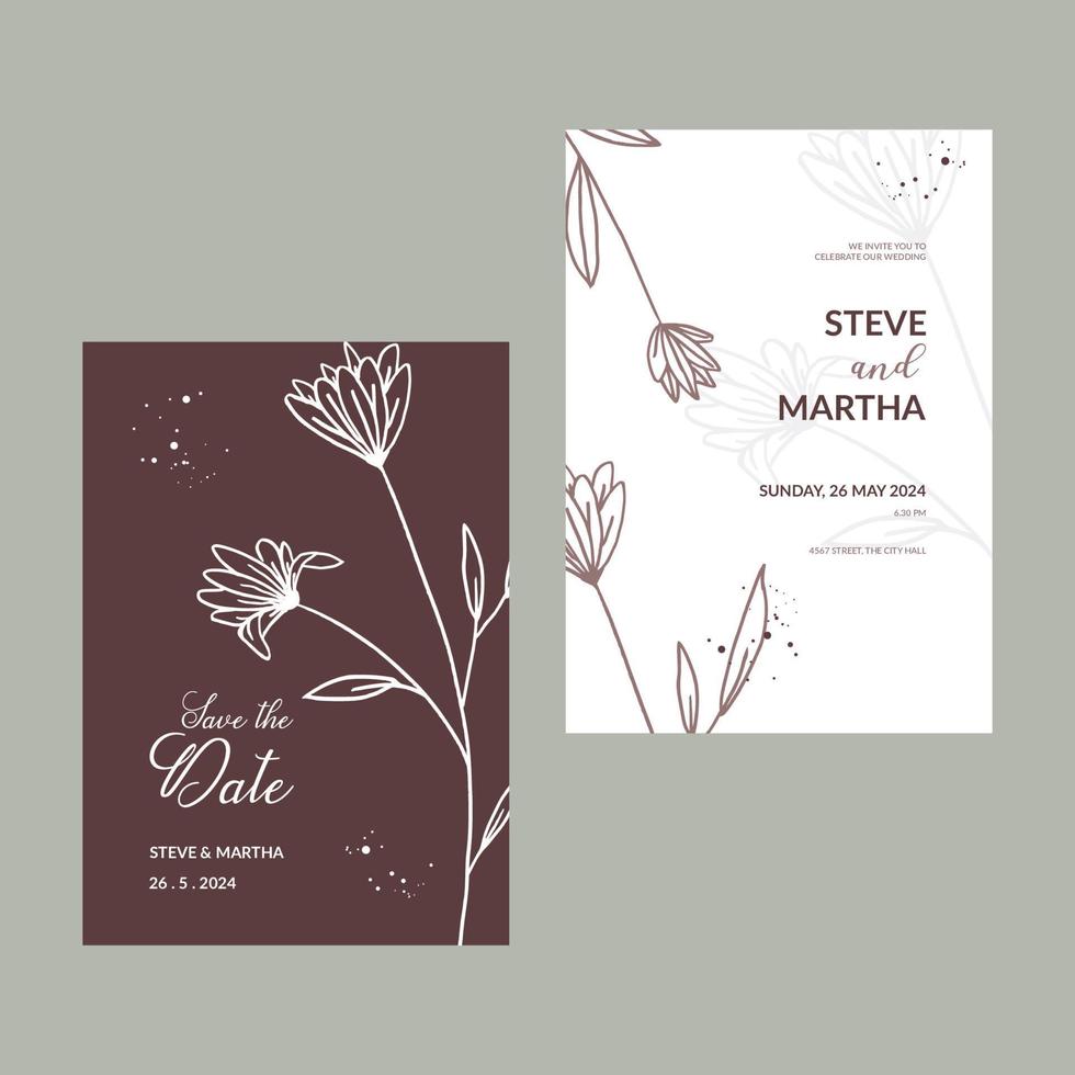 minimalistische bloemen bruiloft uitnodiging met hand- getrokken blad decoratie vector