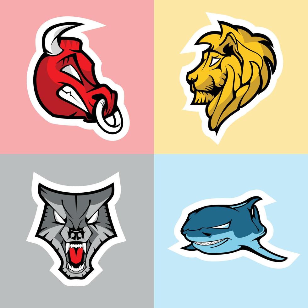 stier, leeuw, wolf en haai. logo set. vector