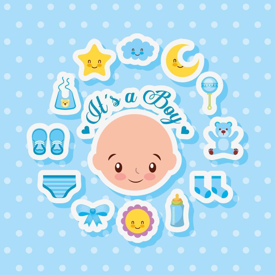 babydouche kaart met schattige jongen en pictogrammen vector