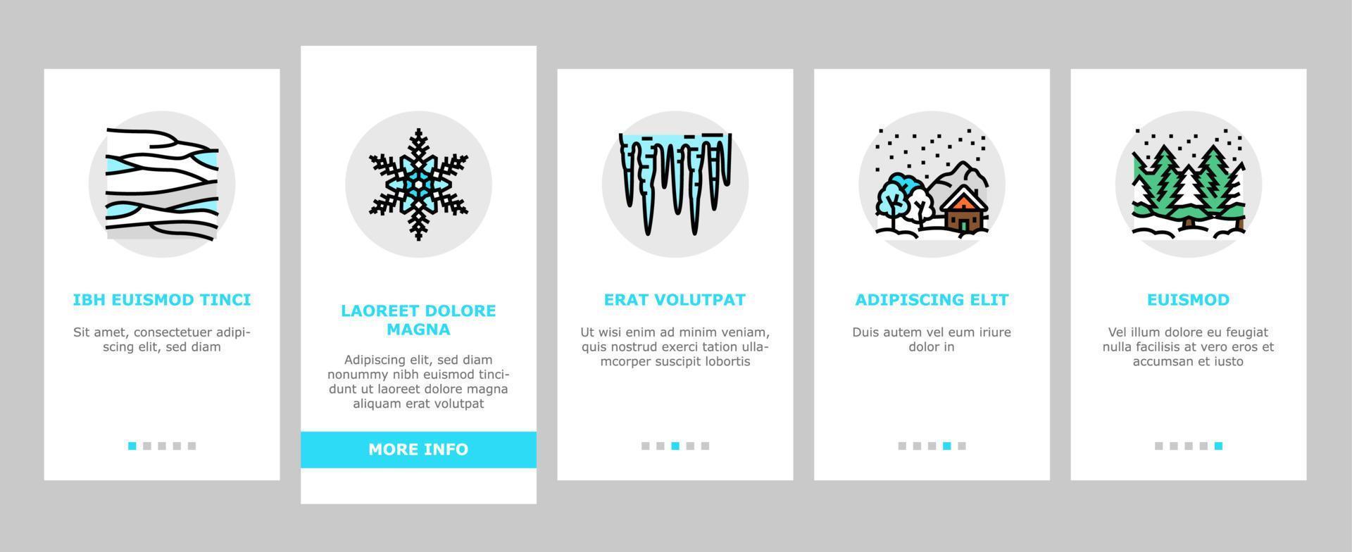 winter sneeuw seizoen natuur onboarding pictogrammen reeks vector