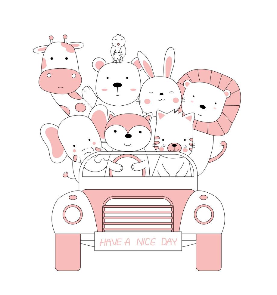 cartoon schets van schattige baby dieren in de auto. handgetekende stijl. vector