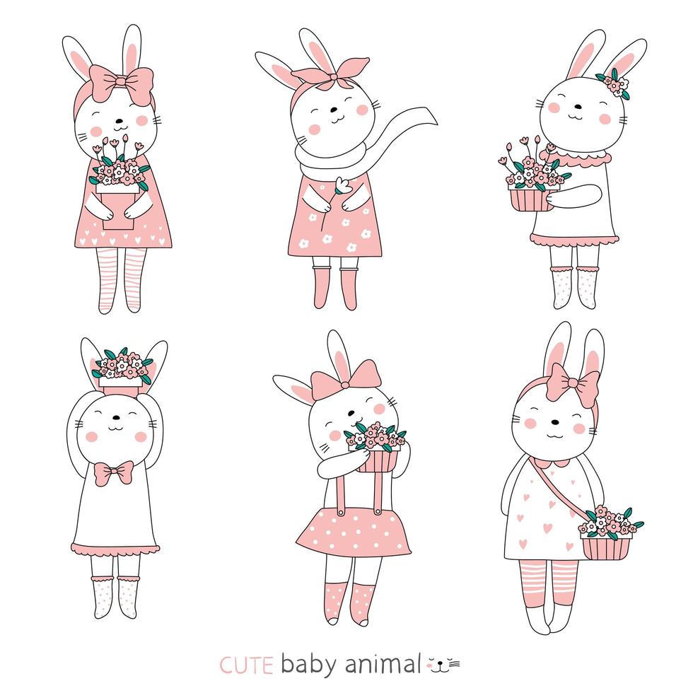 cartoon schets van mooie konijnen en bloemen. hand getrokken stijl. vector