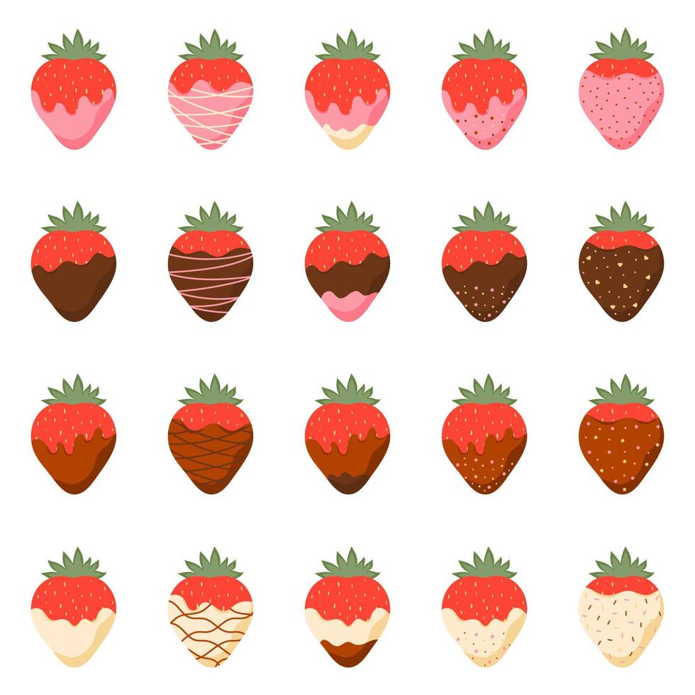 aardbeien in melk, zwart en wit chocola set. vector illustratie.