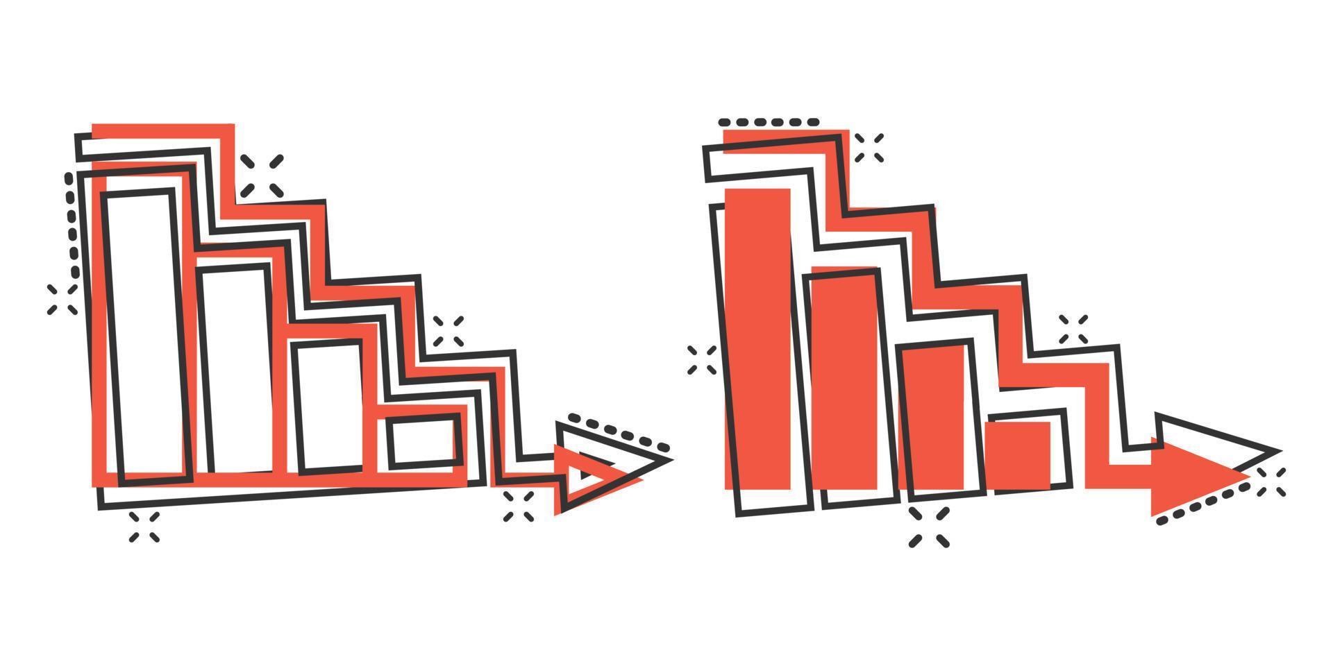 markt neiging icoon in grappig stijl. afwijzen pijl met vergrootglas tekenfilm vector illustratie Aan wit geïsoleerd achtergrond. verminderen plons effect bedrijf concept.