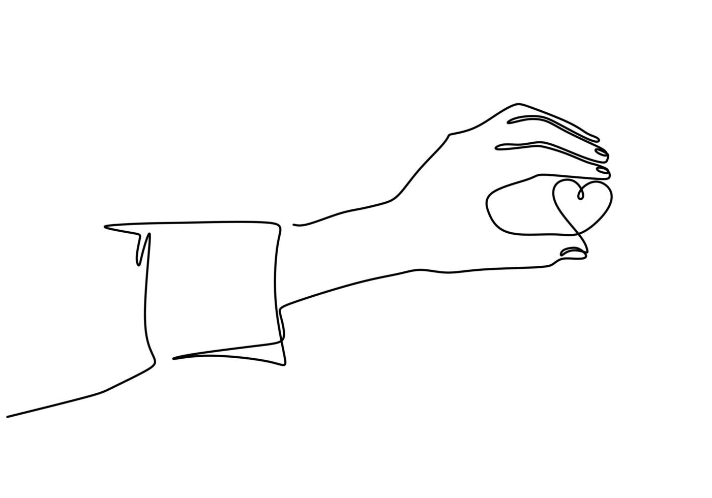 doorlopende lijntekening hand met een stukje hart, een hand getrokken schets vectorillustratie. vector