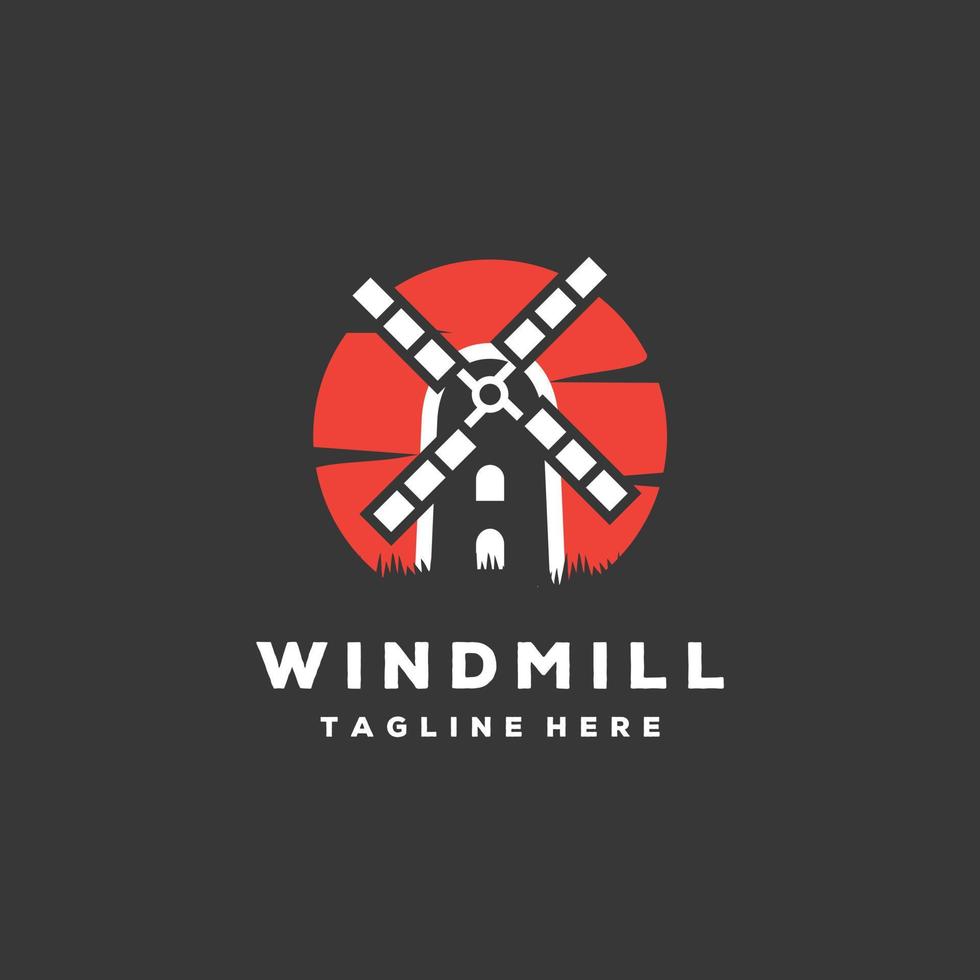 windmolen silhouet cirkel met zon logo grafisch ontwerp wijnoogst vector