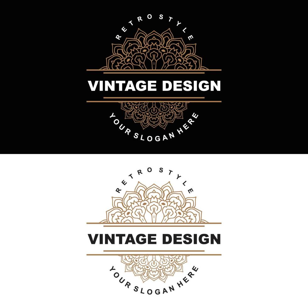 retro wijnoogst ontwerp, luxueus minimalistische vector ornament logo, met mandala en batik stijl, Product merk illustratie, uitnodiging, banier, mode