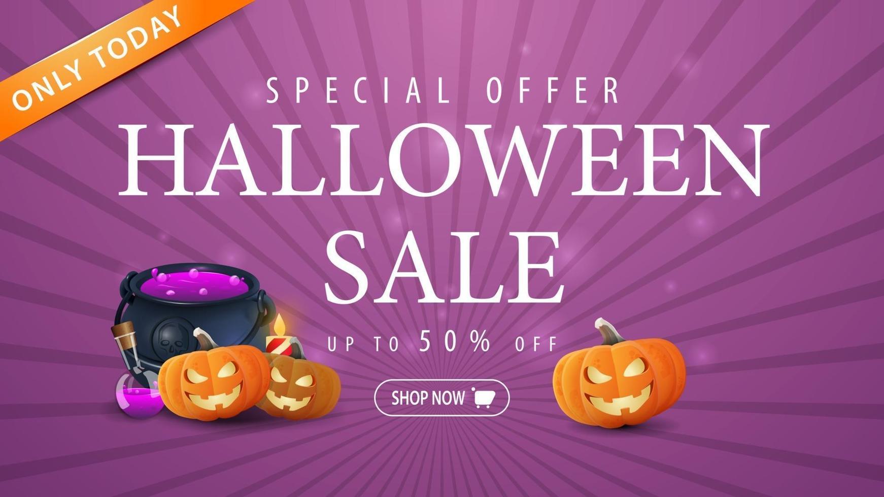 halloween-uitverkoop, paarse horizontale banner met 50 korting, heksenpot en pompoenhefboom vector