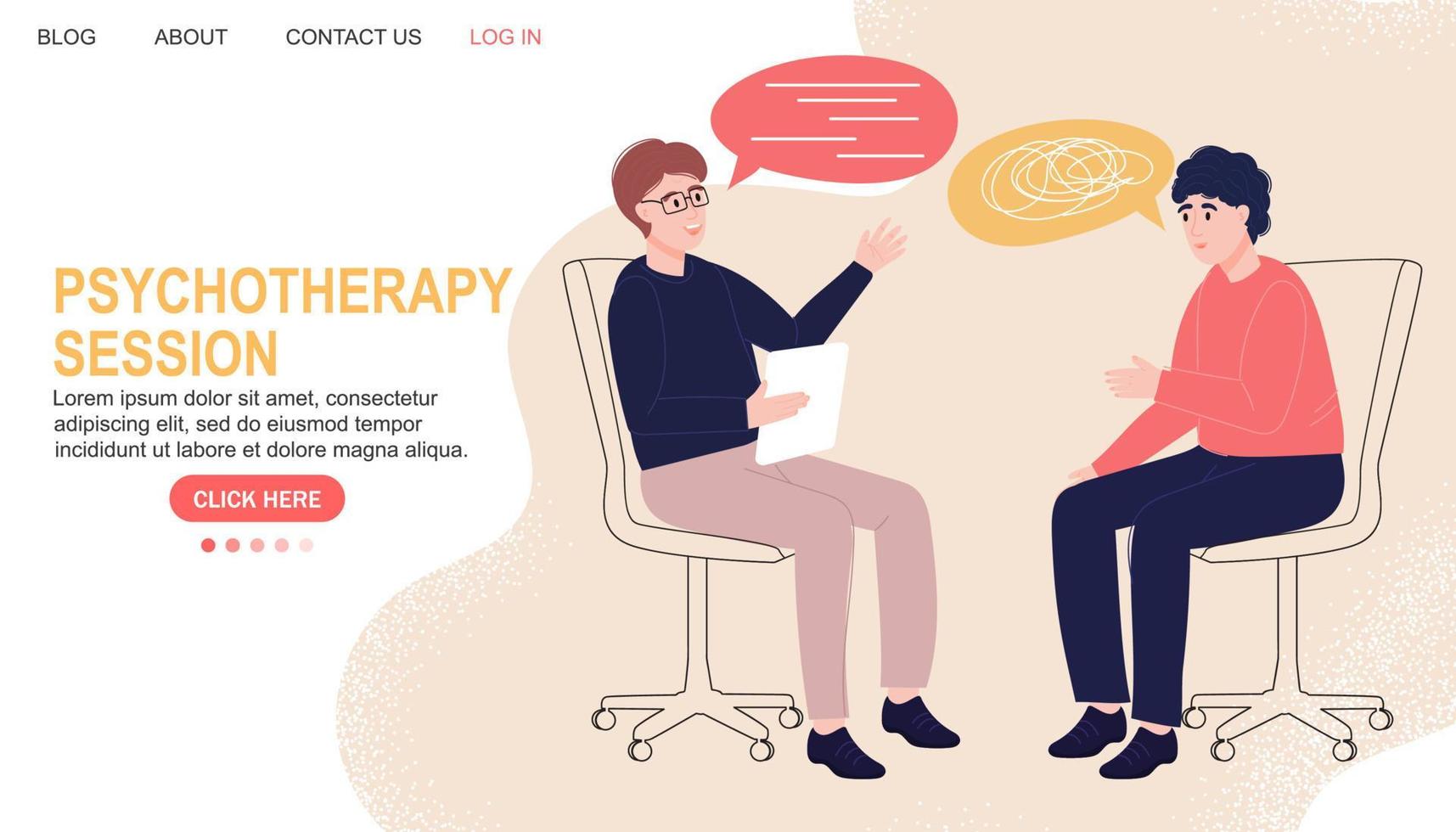 psychotherapie sessie. mentaal Gezondheid. landen bladzijde. psycholoog met een geduldig. praten. vector