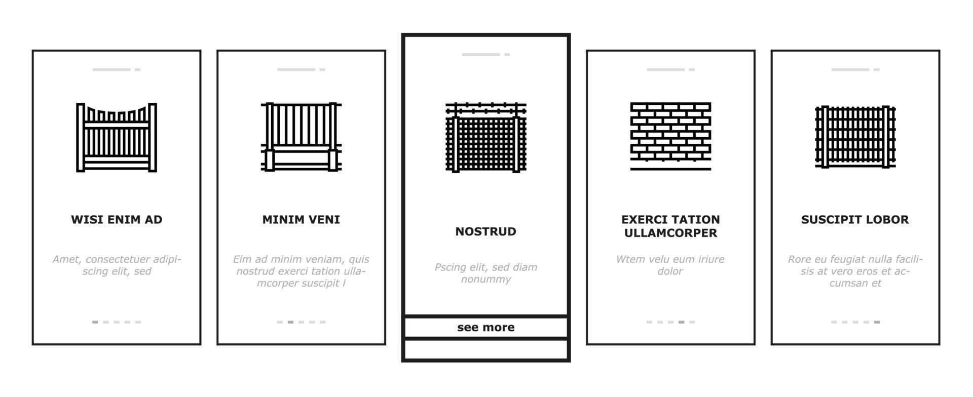 hek en poort buitenkant veiligheid onboarding pictogrammen reeks vector