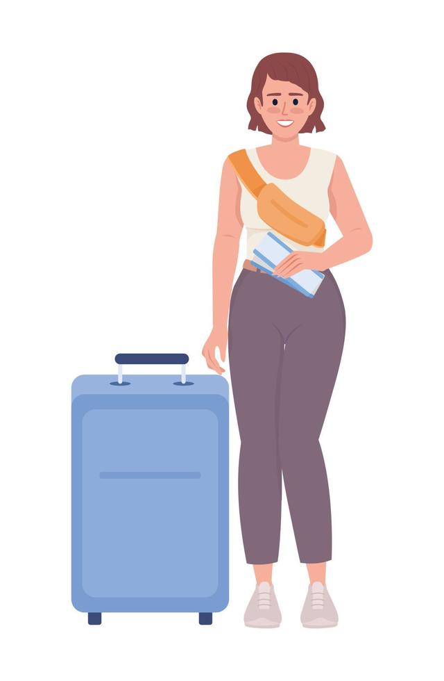 glimlachen vrouw passagier met kaartjes en koffer semi vlak kleur vector karakter. bewerkbare figuur. vol lichaam persoon Aan wit. gemakkelijk tekenfilm stijl illustratie voor web grafisch ontwerp en animatie