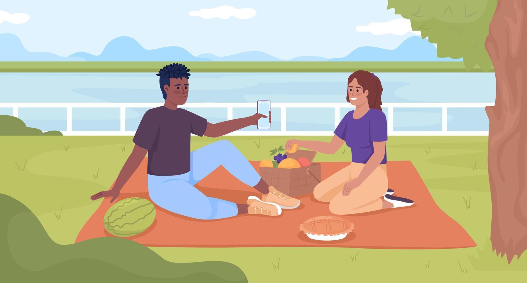 uitgeven vrije tijd tijd samen en bonding vlak kleur vector illustratie. tieners genieten van picknick Aan deken. ten volle bewerkbare 2d gemakkelijk tekenfilm tekens met rivier- en park landschap Aan achtergrond