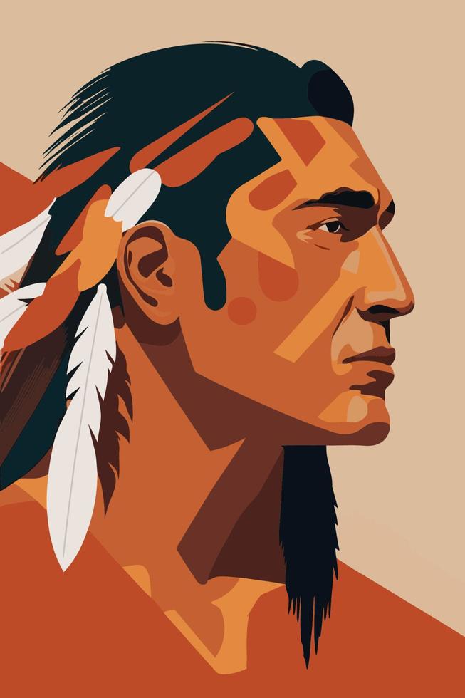 inheems Amerikaans Indisch Mens met veren in profiel, vector illustratie