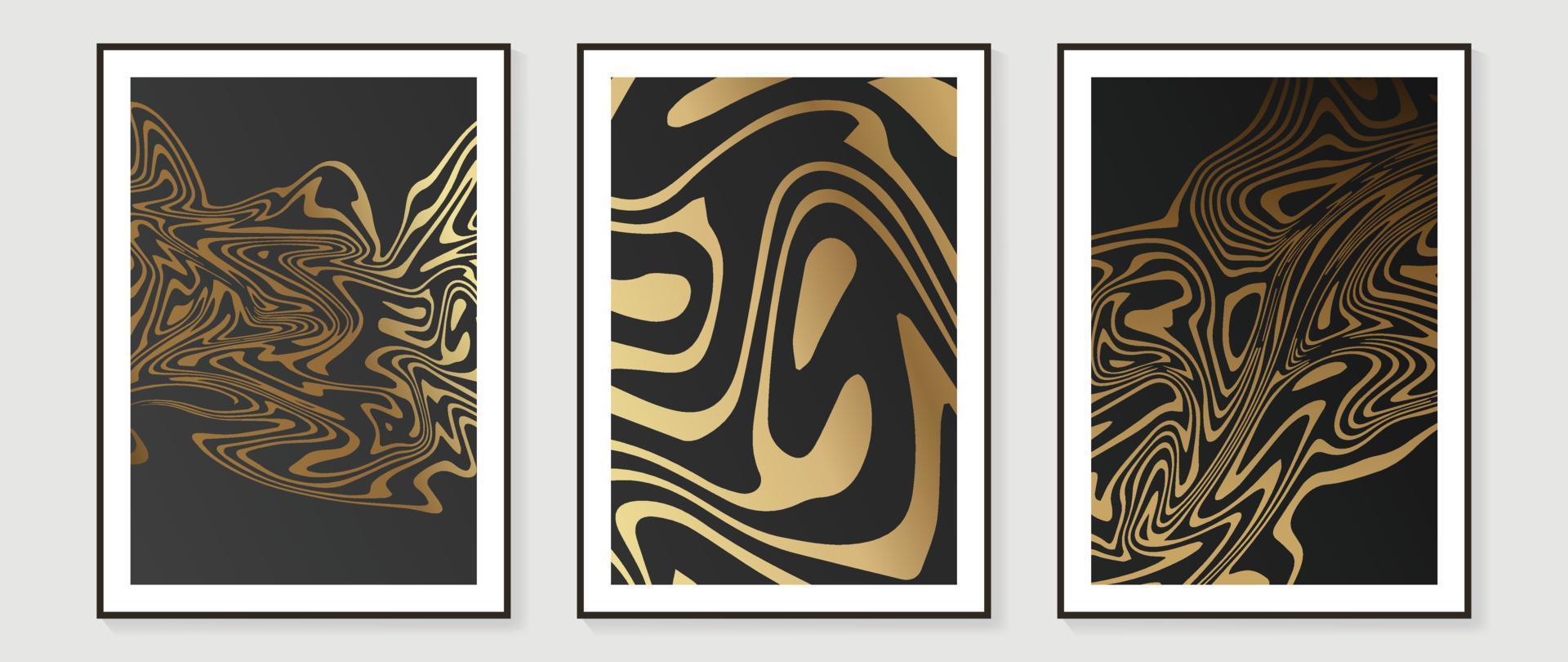 luxe goud abstract patroon muur kunst vector set. delicaat helling goud psychedelisch illusie biologisch vorm patroon schijnen Aan donker achtergrond. ontwerp voor huis decoratie, spa, omslag, interieur, afdrukken.