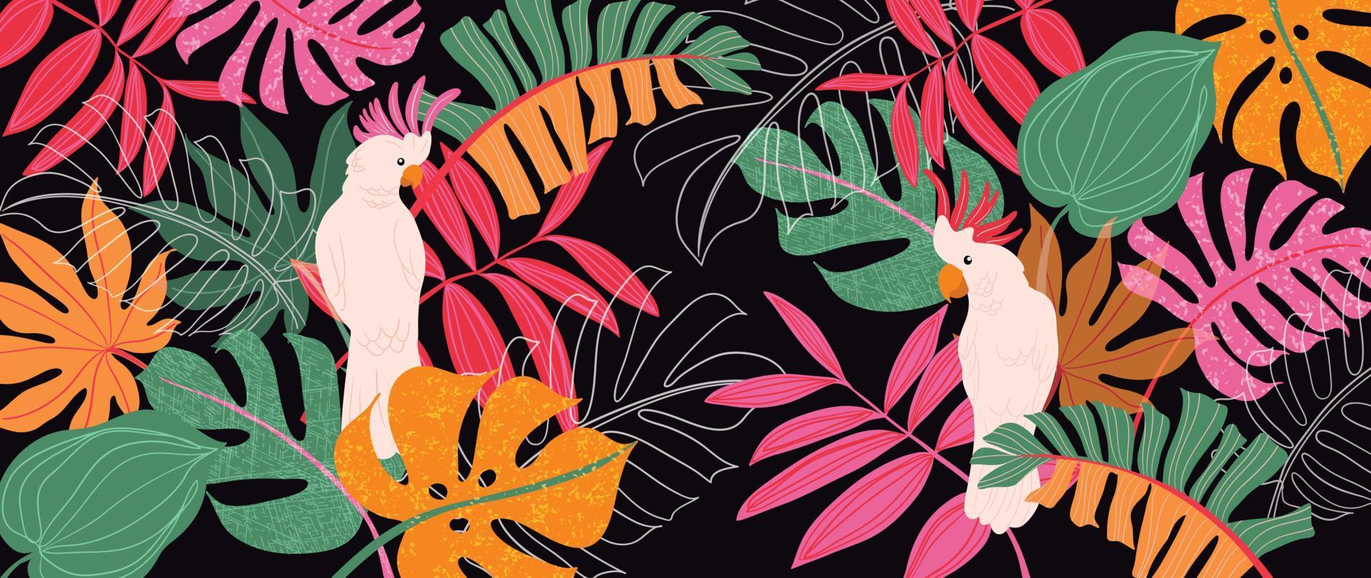 kleurrijk tropisch achtergrond vector illustratie. oerwoud monstera palm bladeren, exotisch zomer stijl lijn kunst en grunge structuur met kaketoe vogel. hedendaags ontwerp voor huis decoratie, behang.