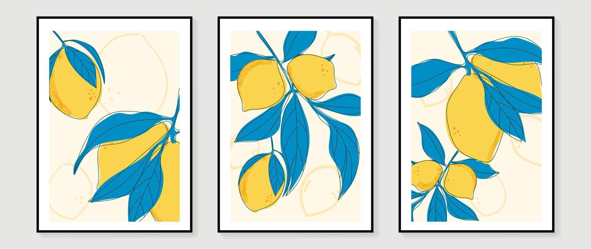 vers fruit muur kunst achtergrond vector set. tropisch fruit waterverf en lijn kunst structuur van citroen met blad Afdeling. voorjaar en zomer seizoen ontwerp voor huis decor, interieur, behang, kleding stof.