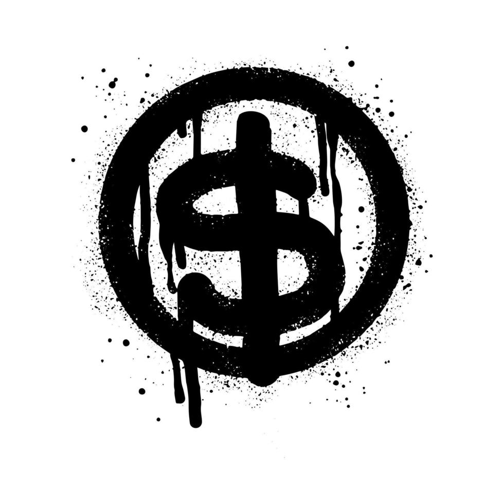 verstuiven geschilderd graffiti valuta in zwart over- wit. druppels van gespoten dollar icoon. geïsoleerd Aan wit achtergrond. vector illustratie