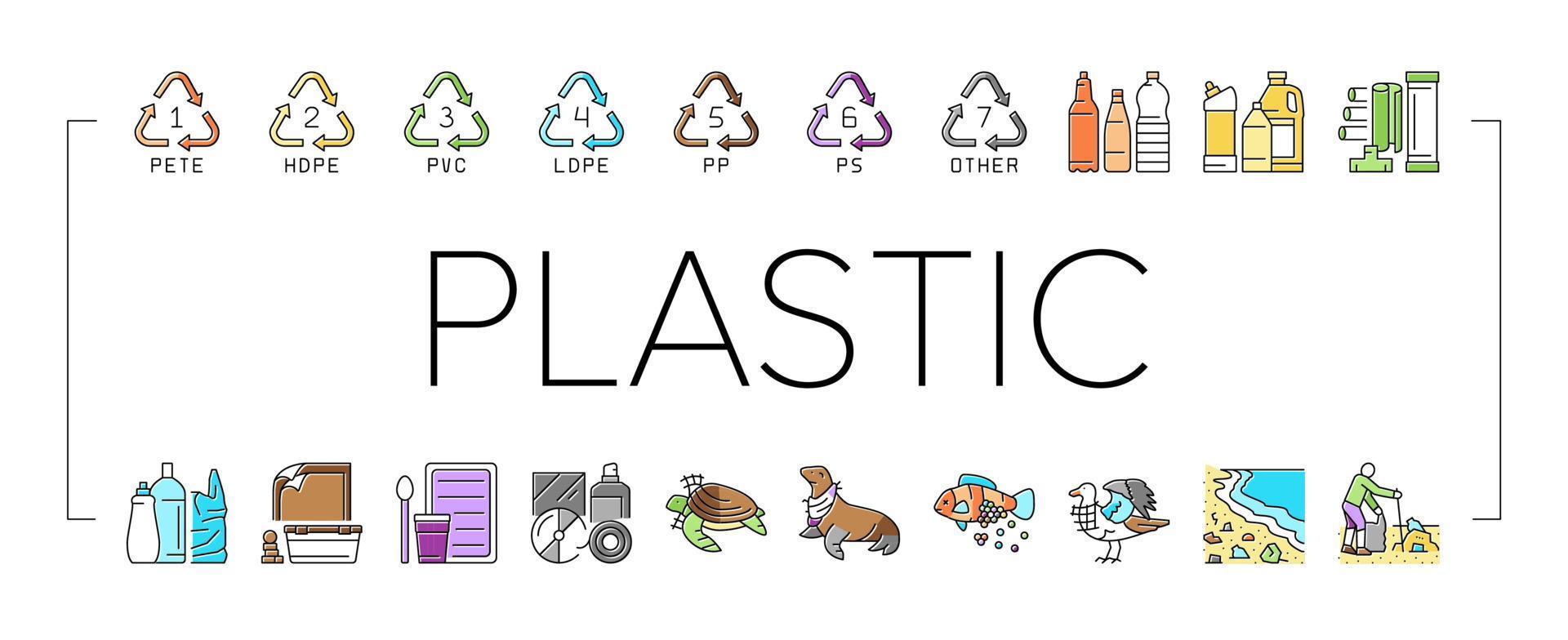 plastic verspilling natuur milieu pictogrammen reeks vector