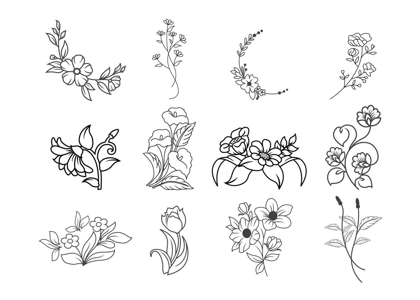 wild bloemen set. schetsen wilde bloemen en kruiden natuur botanisch elementen vector