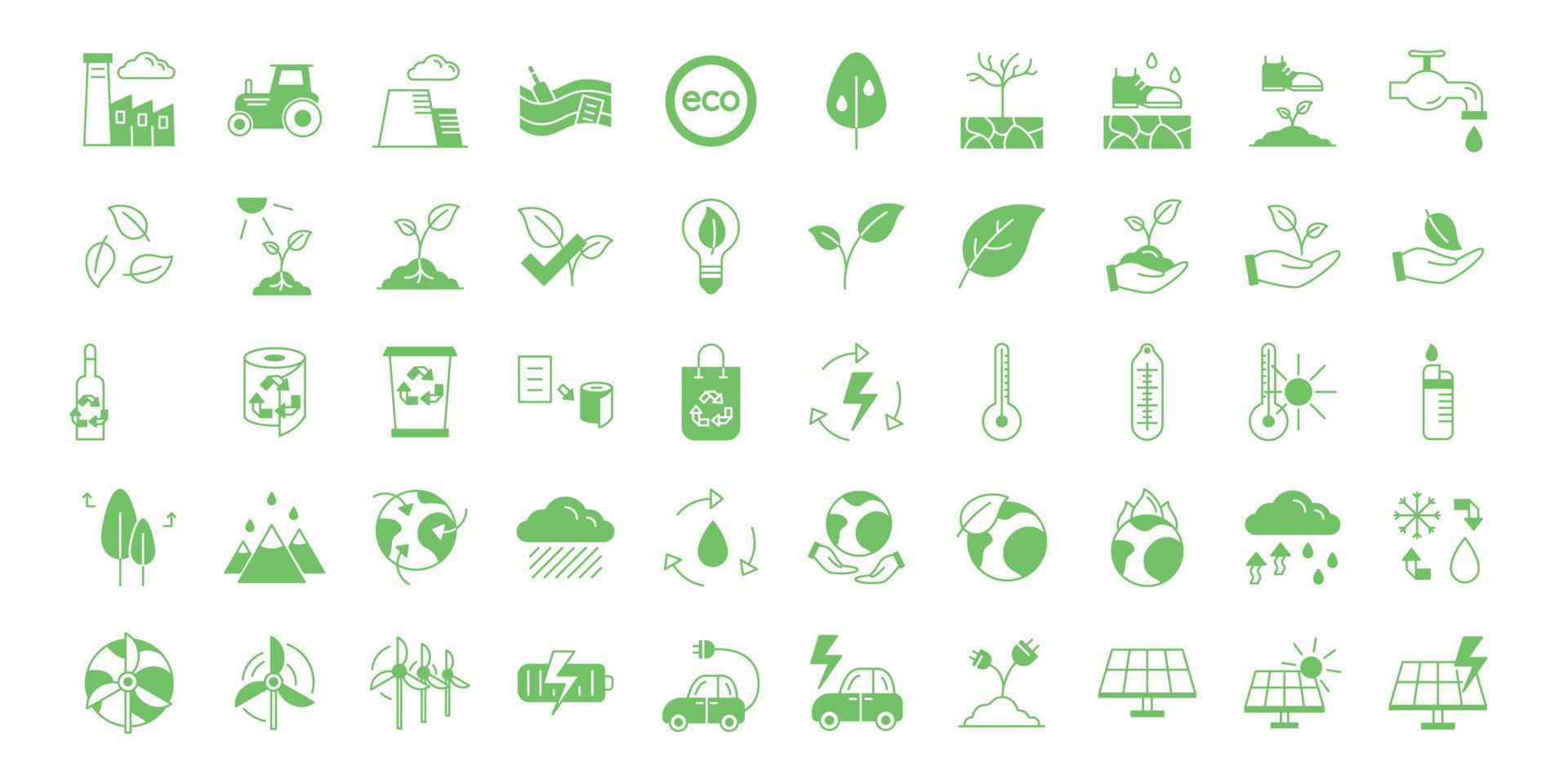 een reeks van gemakkelijk groen vector pictogrammen Aan de thema van ecologie, recyclen, klimaat behoud en de omgeving.