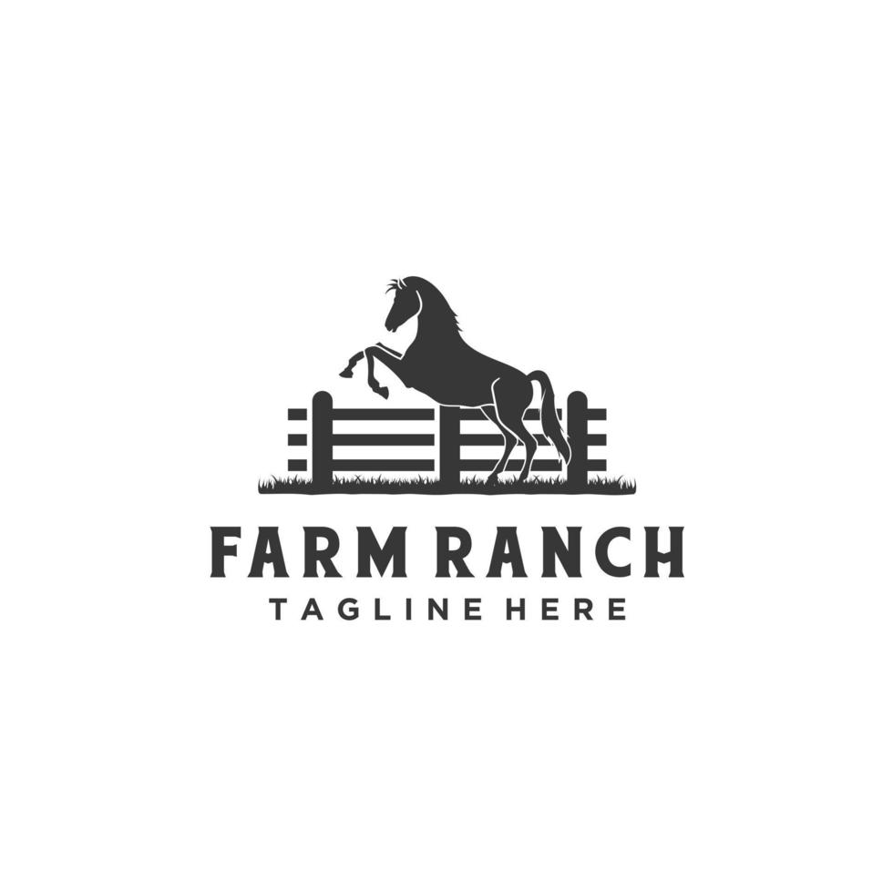 paard silhouet houten hek paddock voor wijnoogst retro rustiek platteland western land boerderij boerderij logo ontwerp vector
